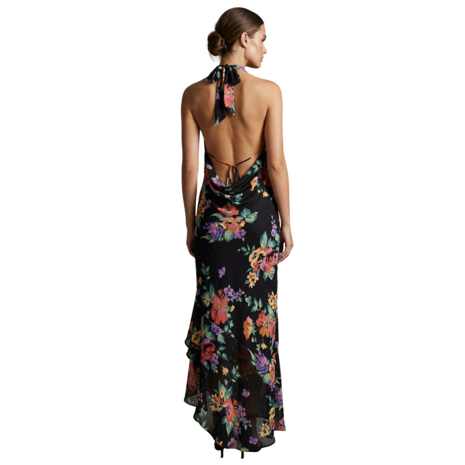 River Island Black Floral Halter Maxi Dress Cowl Back Asymmetric Hem Boho Us 2